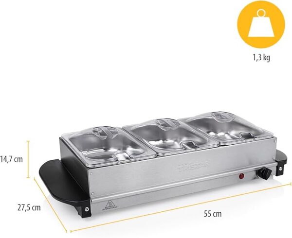 Buffet Warmer Tristar BP-6283, 3 x 1,5 L, 200 W, cu termostat reglabil, multifuncțional, inox/argintiu - RESIGILAT - imagine 4