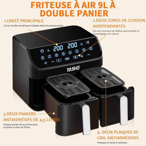 Friteuză cu aer cald YASHE Dual Zone, 9L, 2 sertare independente, 8 programe, ecran tactil, funcții Match Cook & Smart Finish - RESIGILAT - imagine 2