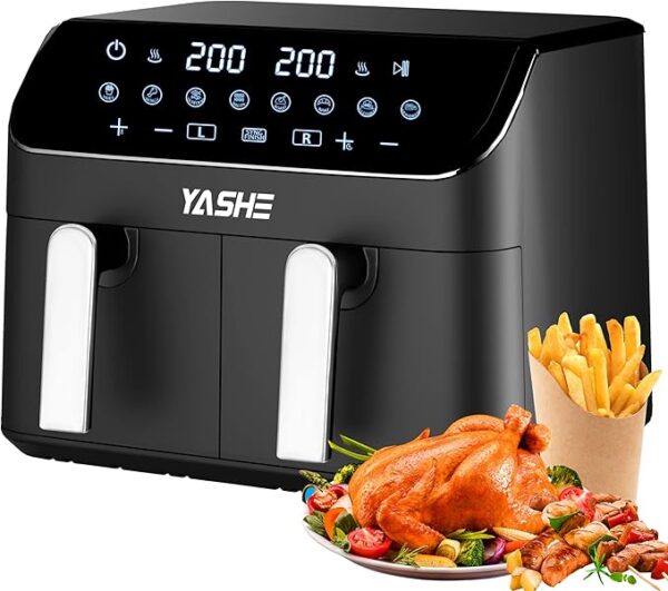 Friteuză cu aer cald YASHE Dual Zone, 9L, 2 sertare independente, 8 programe, ecran tactil, funcții Match Cook & Smart Finish - RESIGILAT